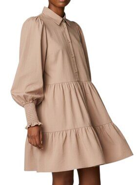 Bohme NWT Tan Babydoll Tiered Long Sleeve Smock Pesant Boho Dress Women's Size M